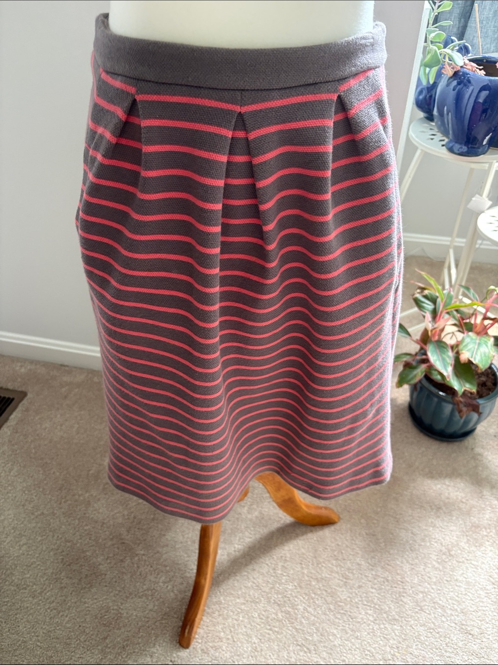 Boden Gray Pencil Skirt with Pink Stripes and Front Pleat